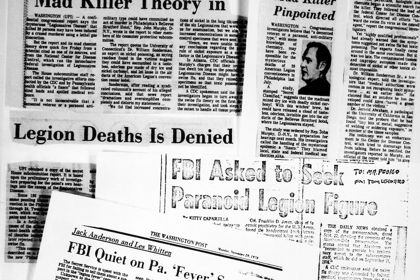 Clippings of newspaper articles. One reads: Legion deaths is denied. Another: FBI asked to seek paranoid legion figure.
