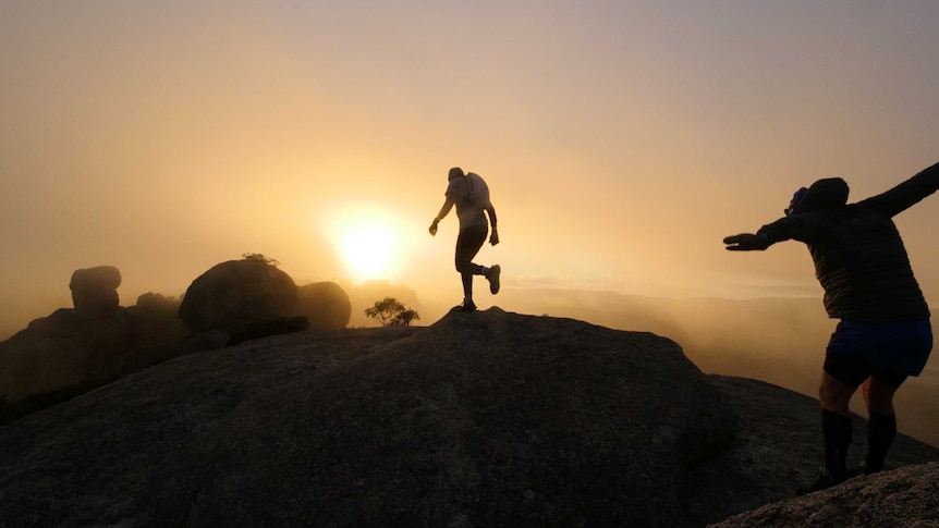 Two runners leave for a run in the morning sunlight.