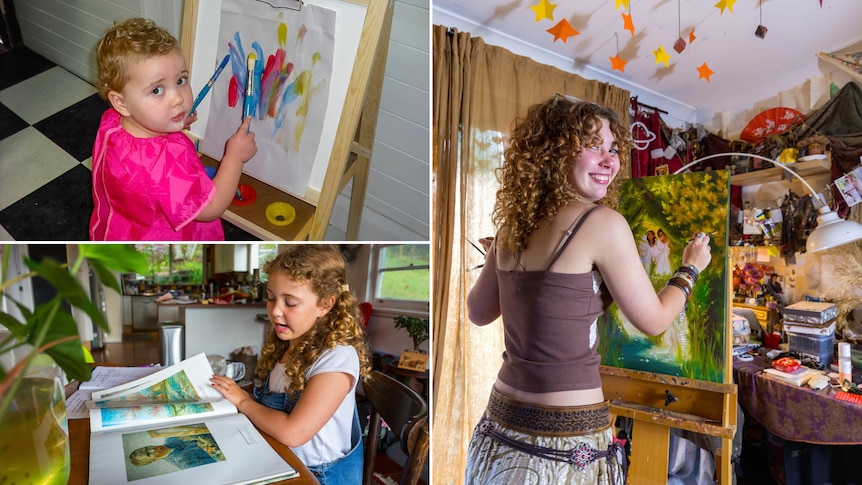 Composite of a young woman painting in her bedroom, a toddler painting and a young kid looking at a Van Gogh book