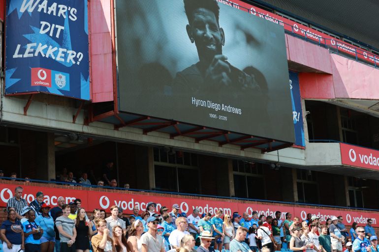 A minute of silence is observed in memory of Lion's player Hyron Diego Andrews before the European Rugby Champions Cup group A match between the Bulls and Stade Francais at the Loftus Versfeld Stadium in Pretoria on October 17, 2026. South African rugby player Hyron Andrews of Johannesburg-based side the Lions was found dead at a hotel in France on October 16, 2026, on the eve of his team's Champions Cup match against La Rochelle, local authorities told AFP. (Photo by PHILL MAGAKOE / AFP)