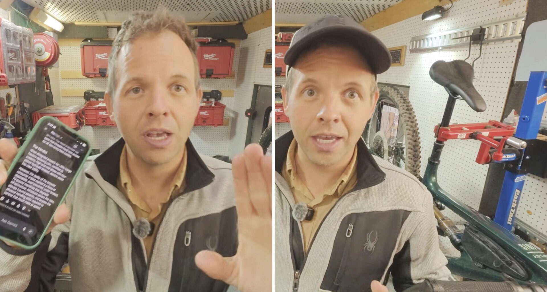 A man holds a smartphone and gestures in a workshop with tools and a bicycle in the background.