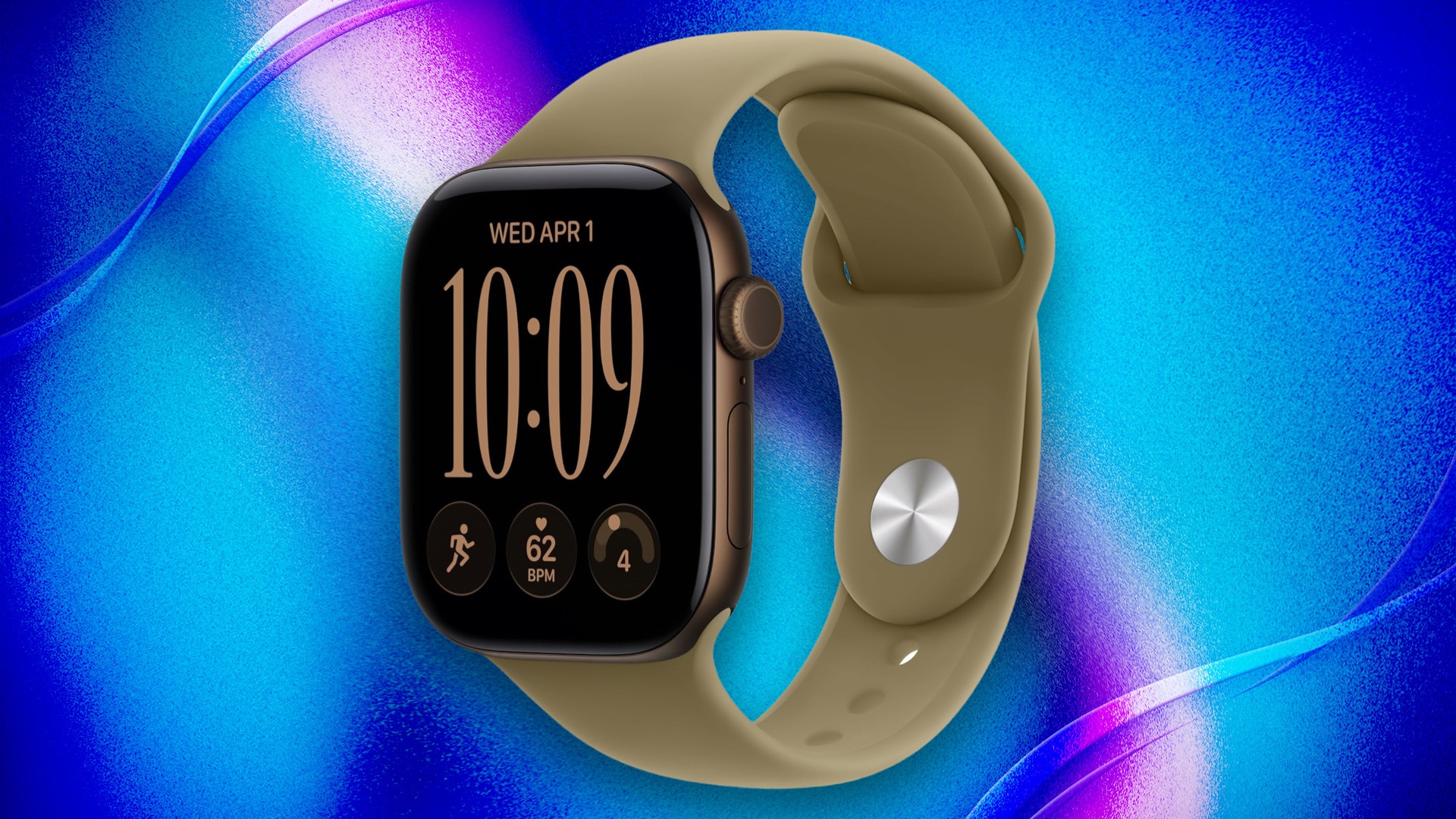 Apple Watch Series 12 in bronze on blue background
