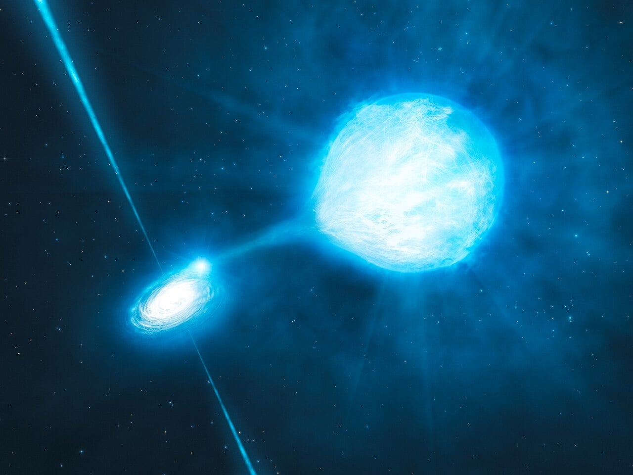 This artist's illustration shows a stellar-mass black hole (left) accreting material from a much larger Wolf-Rayet star. In this case, the black hole is emitting bright energy and is hard to miss. But other stellar-mass black holes are more isolated, with little to feed on and emitting little radiation, and finding them is difficult. Image Credit: By ESO, CC BY 4.0, https://commons.wikimedia.org/w/index.php?curid=9551709