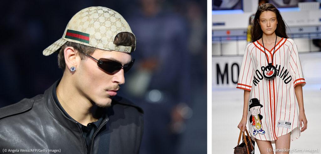 Left: Model wearing baseball cap Right: Model walking runway wearing baseball jersey (© Angela Weiss/AFP/Getty Images, © Pietro D'Aprano/Getty Images)