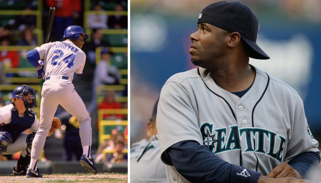 Left: Ken Griffey Jr. batting during game Right: Ken Griffey Jr. wearing baseball cap (© Ron Vesely/MLB Photos/Getty Images, © Tony Gutierrez/AP)