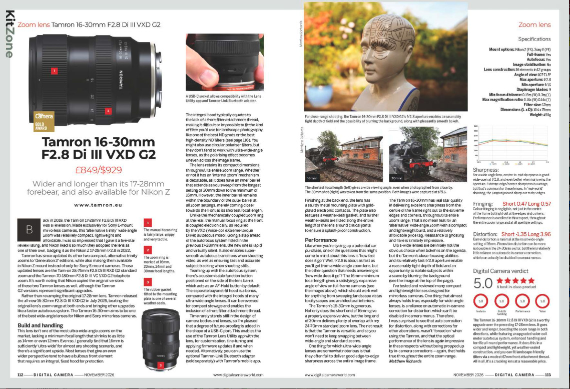 Image showing the first two pages of the Tamron 16-30mm F2.8 Di III VXD G2 lens review, in issue 313 (November 2026) of Digital Camera magazine