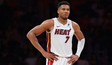 Oct 8, 2026; Miami, Florida, USA; Miami Heat forward Giannis Antetokounmpo (7) looks on against the New Orleans Pelicans during the second quarter at Kaseya Center. Mandatory Credit: Sam Navarro-Imagn Images