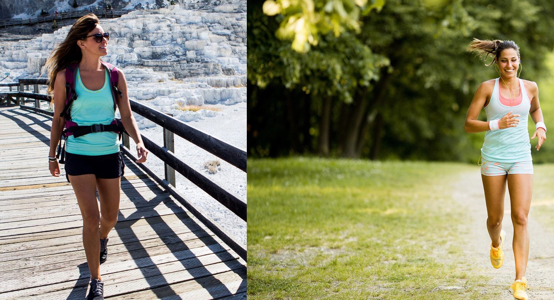 Woman rucking on left, woman running outdoors on right