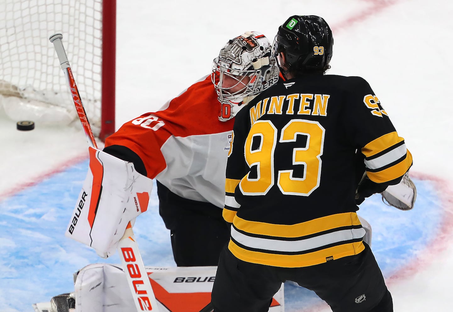 Fraser Minten beat Flyers goalie Dan Vladar for one of the Bruins' five goals in an Oct. 10 win at TD Garden.