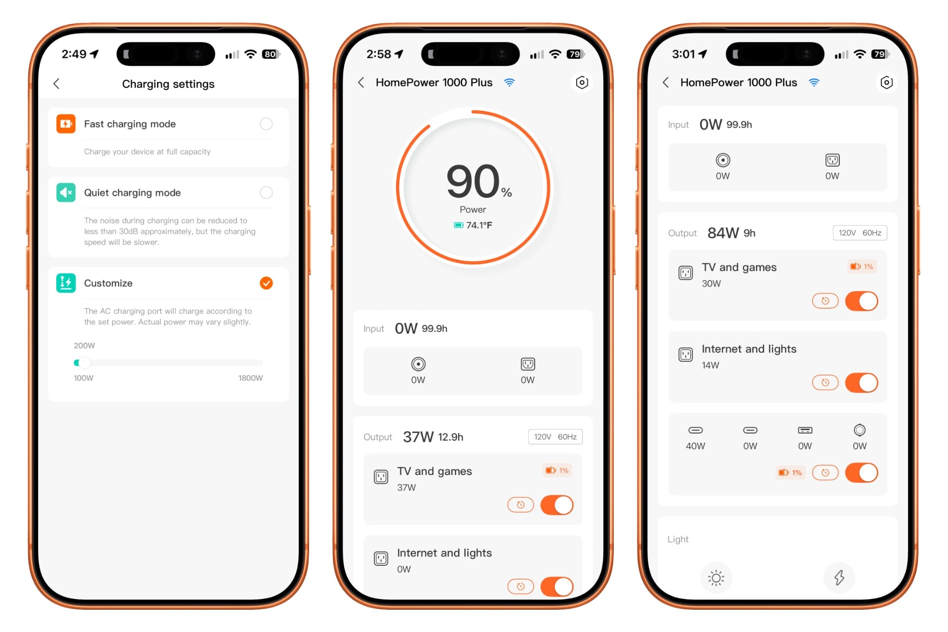 Screenshots of the Jackery app, showing the HomePower's home screen, output wattage section thereof, and a settings screen for charging settings