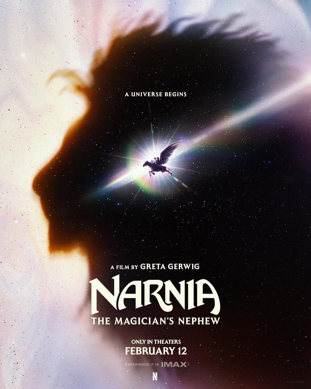 A Narnia poster depicting the silhouette of a lion as well as two children riding on the back of a. winged horse.