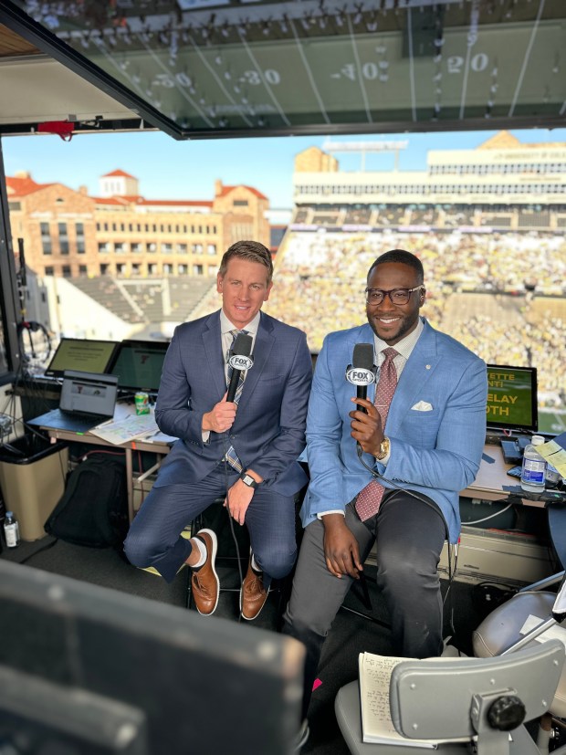 Noah Reed (left) calls CU football's homecoming game against Texas Tech for FOX Sports while in Boulder for Nuggets training camp. Reed was named the new Nuggets play-by-play broadcaster for Altitude Sports this summer.