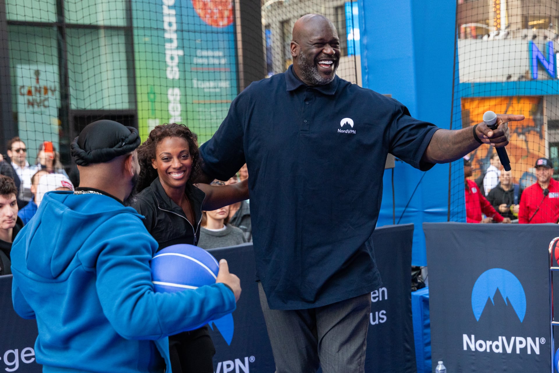 Shaquille O'Neal at the NordVPN PR event at Times Square, New York City.