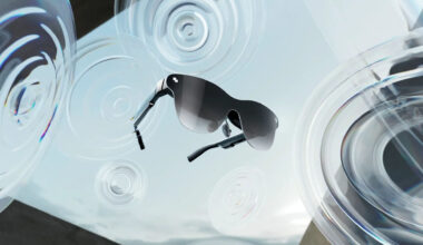 A pair of black smart glasses with mirrored lenses, surrounded by circular lens elements in a futuristic setting.