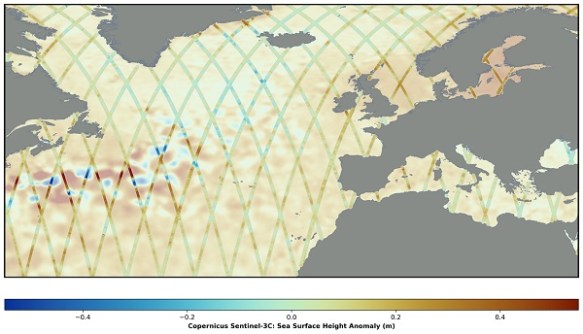 Diagram of the area of the Atlantic Ocean and Mediterranean Seam, showing sea height data