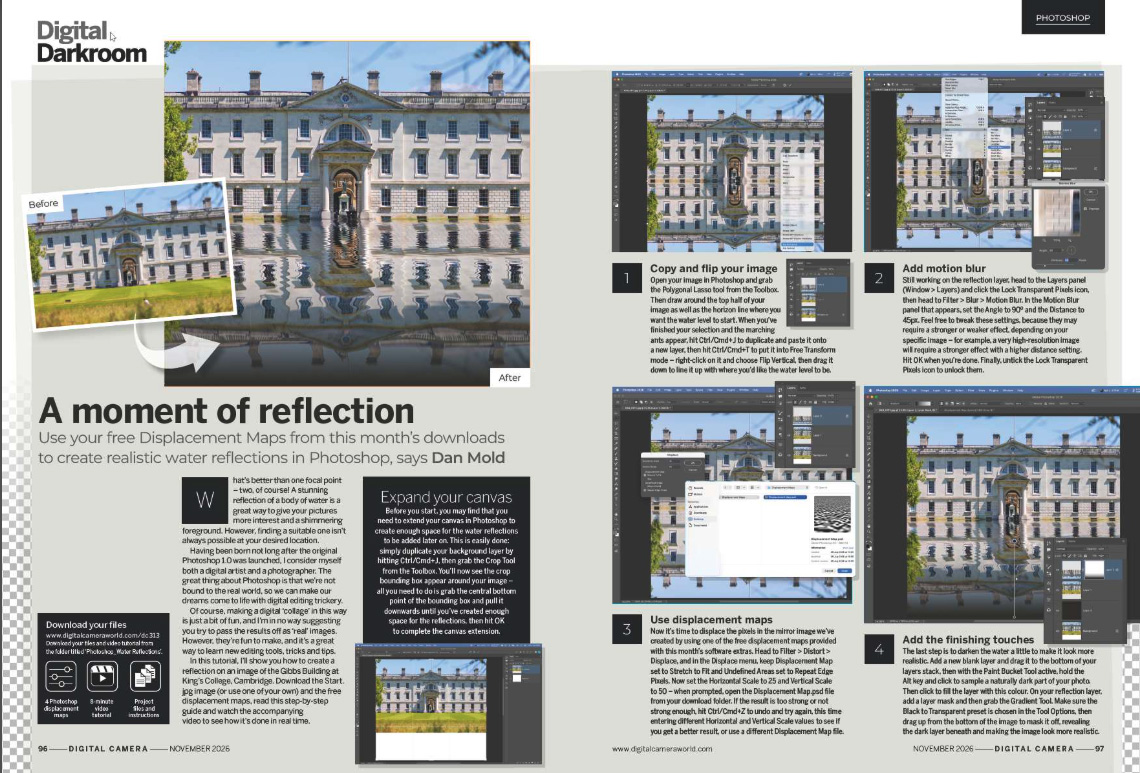 Image showing the Essentials tutorial in issue 313 (November 2026) of Digital Camera magazine, showing how to use Displacement Maps to create realistic water reflections