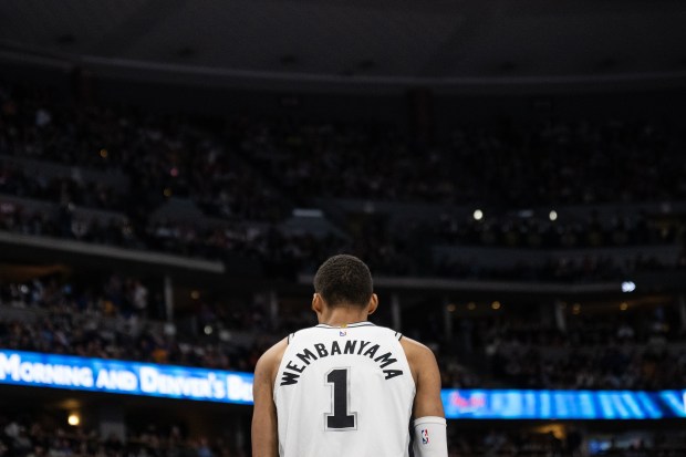 Forward/center Victor Wembanyama (1) of the San Antonio Spurs during the first half of a game against the Denver Nuggets on Saturday, April 4, 2026, at Ball Arena in Denver. (Photo by Timothy Hurst/The Denver Post)