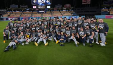 The Brewers celebrated their National League Championship Series victory over the Dodgers on the field in Los Angeles.