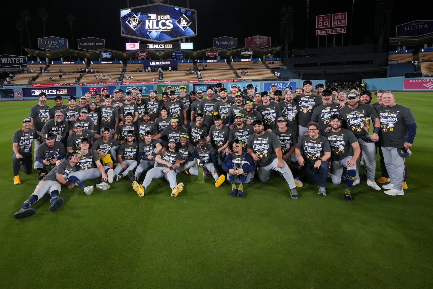 The Brewers celebrated their National League Championship Series victory over the Dodgers on the field in Los Angeles.
