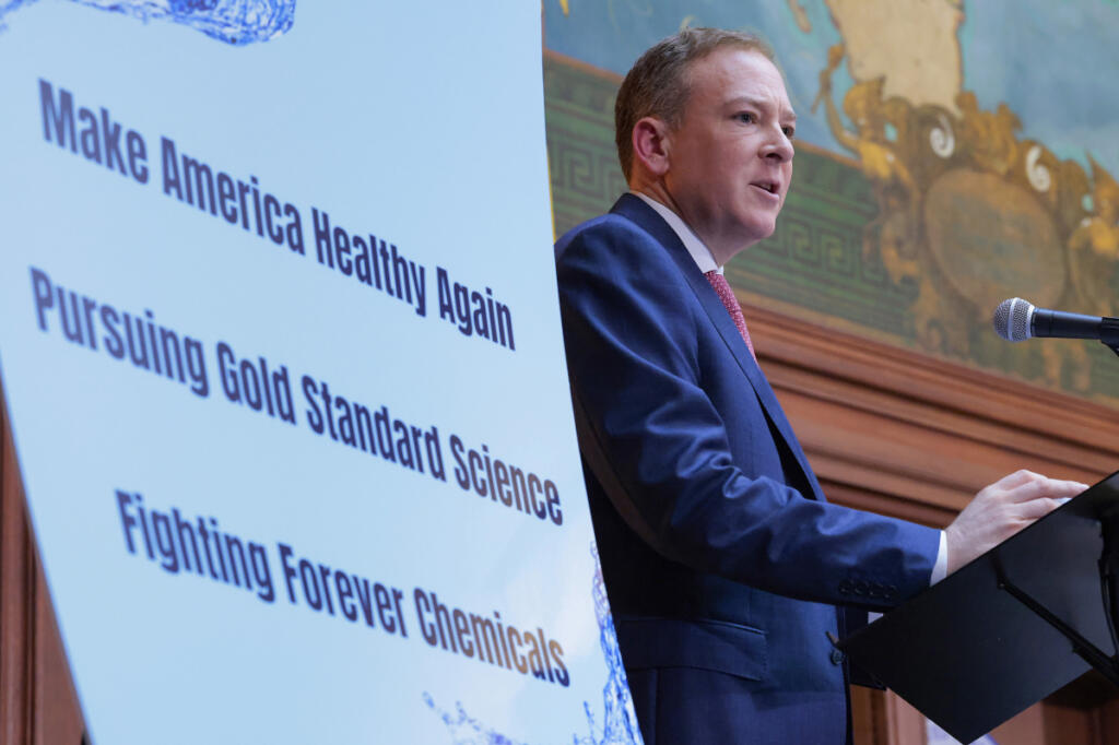 U.S. Environmental Protection Agency Administrator Lee Zeldin speaks during a roundtable with U.S. Health and Human Services Secretary Robert F. Kennedy Jr. on efforts to combat forever chemicals, at EPA headquarters on May 18, 2026, in Washington, D.C.