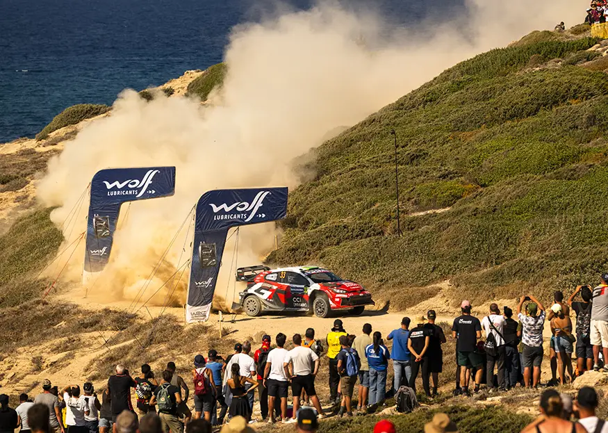 Elfyn Evans and Scott Martin compete in their Toyota GR Yaris Rally1 during Rally Italia Sardegna.