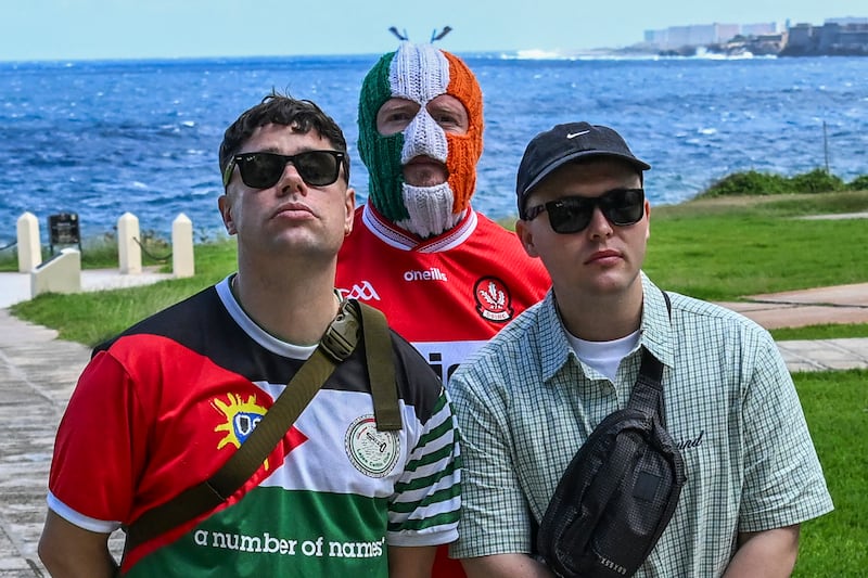 Kneecap trio Móglaí Bap, DJ Próvaí and Mo Chara. Photograph: Yamil Lage/AFP via Getty Images