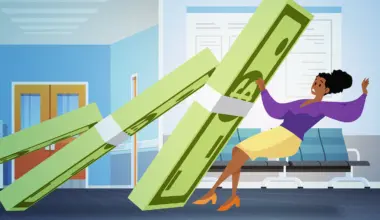 Illustration of a woman being knocked over be a domino row of money in the middle of a hospital.