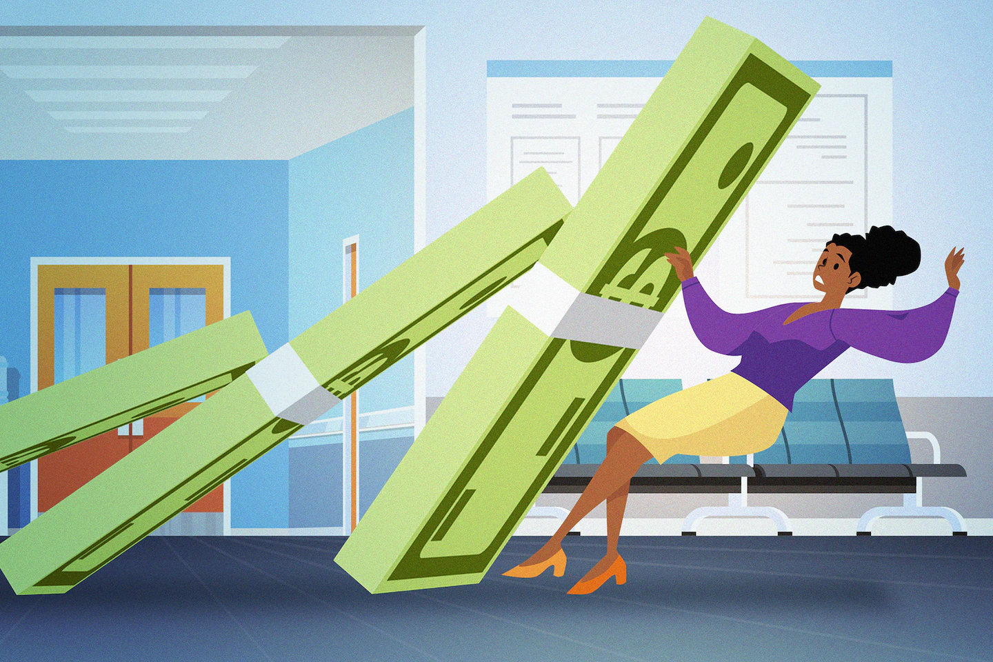 Illustration of a woman being knocked over be a domino row of money in the middle of a hospital.