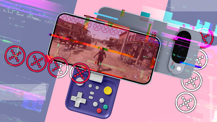A Pixel 10 Pro running a game with an Abxylute controller, covered in digital glitches and red 'X' symbols.