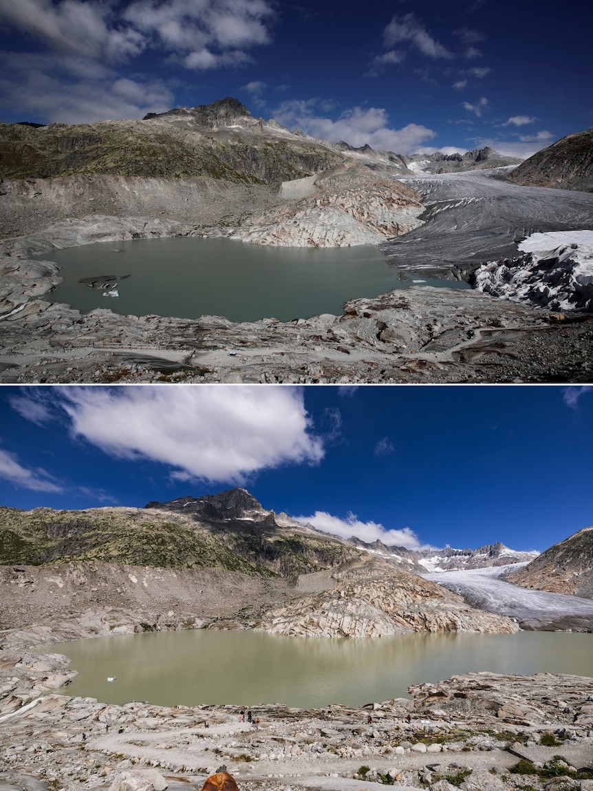 Two images of the same part of a glacier stacked on top of each other. One has more visible ice than the other.