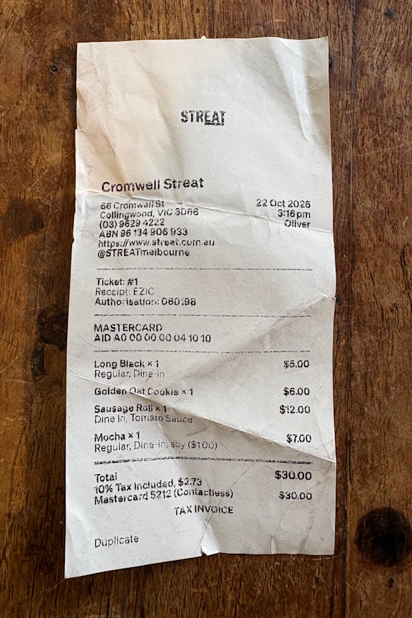 Receipt from lunch at Streat with Michael Kirby. 