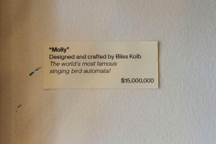 A new price tag for Molly the bird that shows it costs $15,000,000