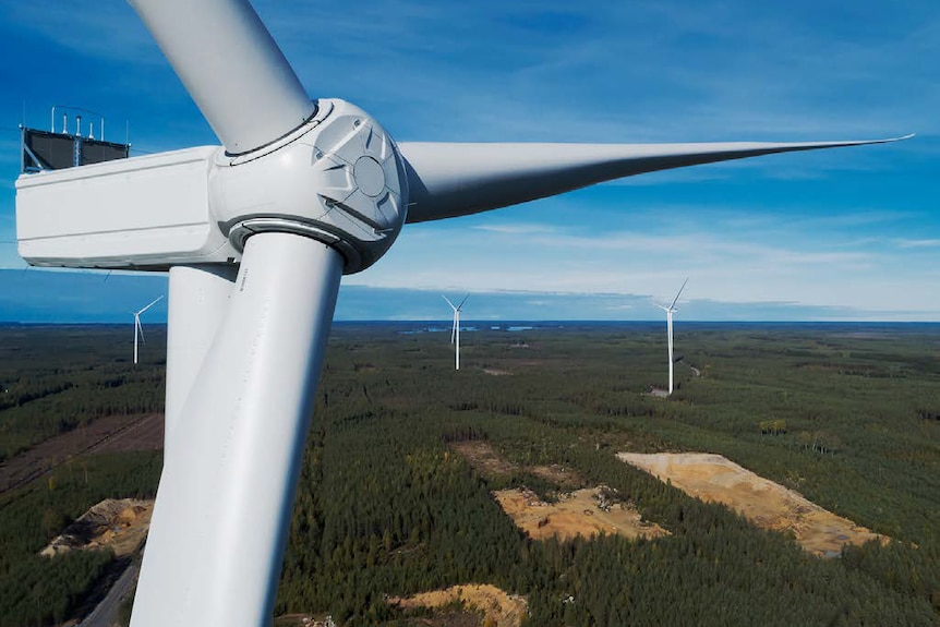 A wind turbine, as seen from close proximity, towering above bushland where other turbines stand.