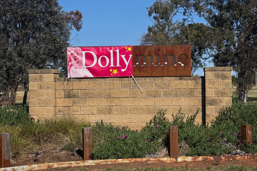 A stone and rusted steel town sign covered with a pink banner to make the town name read as Dollymine.