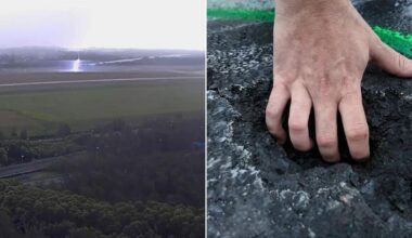 Lightning strike punches hand-sized holes in Brisbane Airport runway in rare event not seen in 30 years