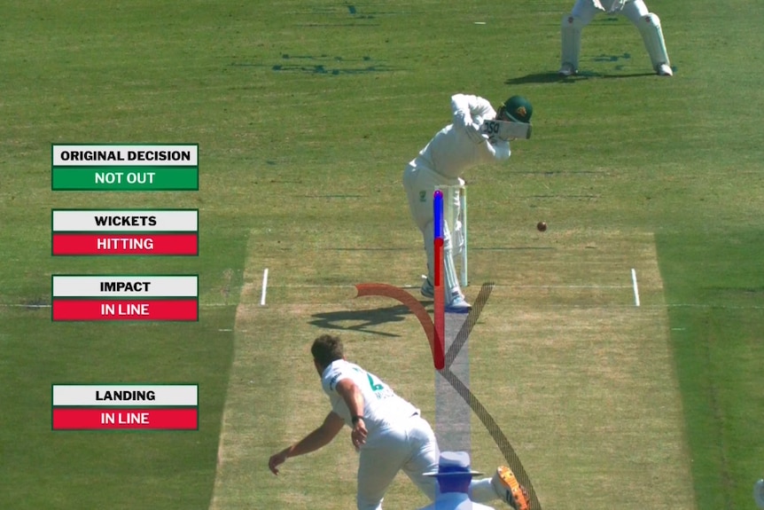 A screenshot of a cricket broadcast showing a player hit on the pads and three red lights