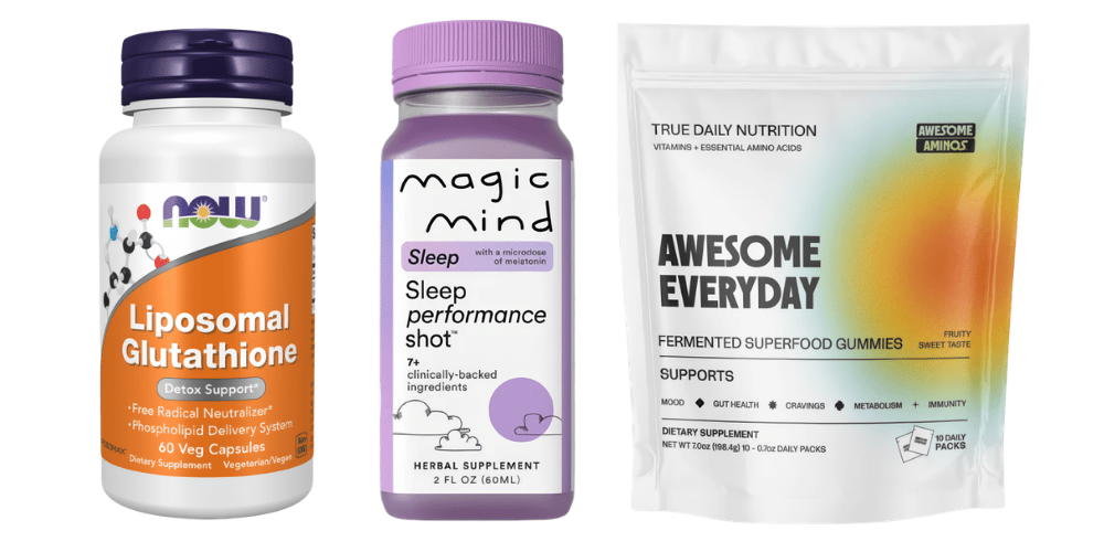 From left, NOW Foods Liposomal Glutathione, Magic Mind Sleep Performance Shot and Awesome Aminos Fermented Superfood Gummies