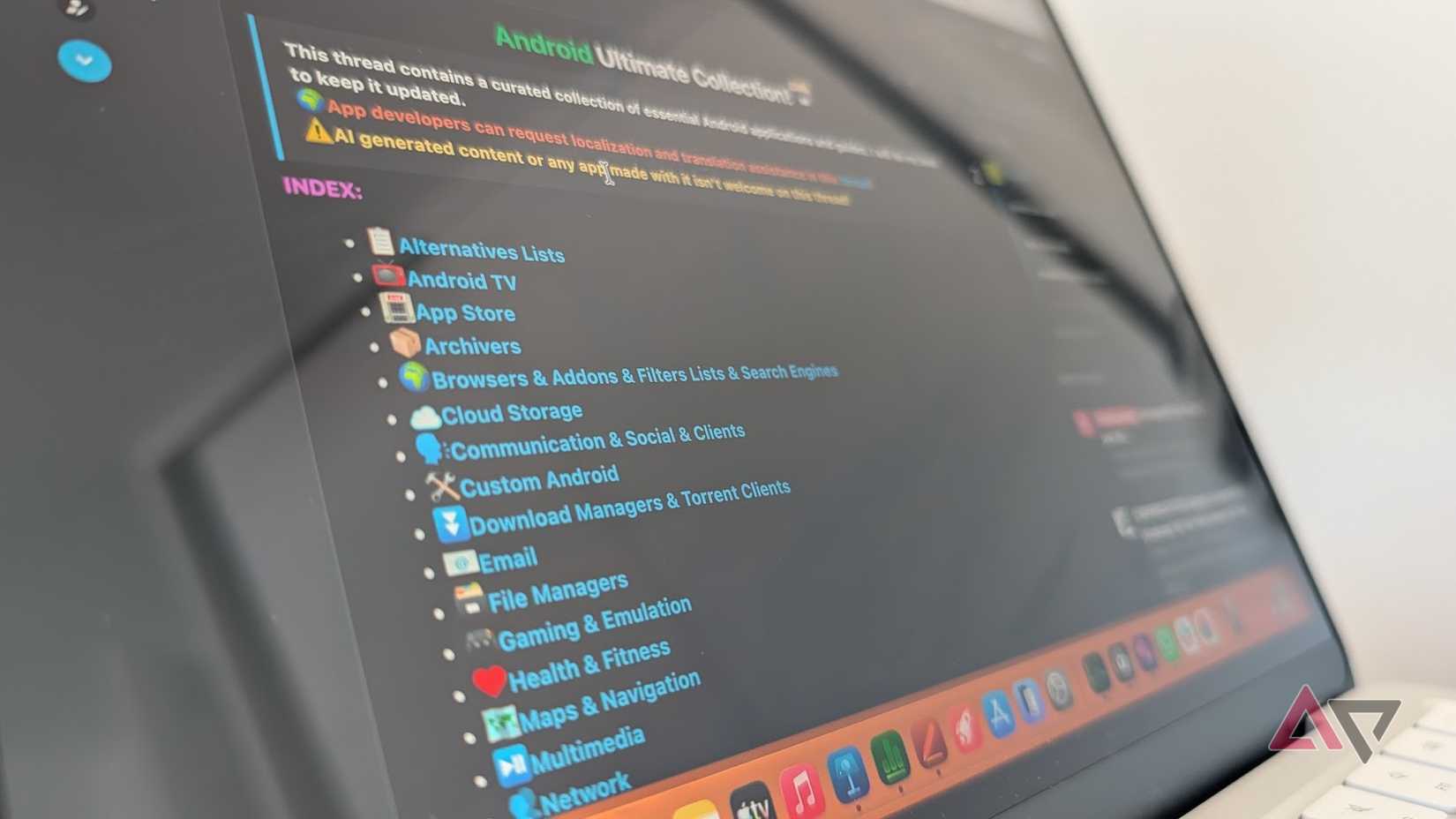 laptop screen showing list of app categories