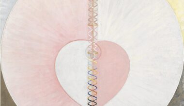 an abstract painting by Hilma af Klint of a glowing orb with a heart shape in the center and a prismatic array of color at the bottom