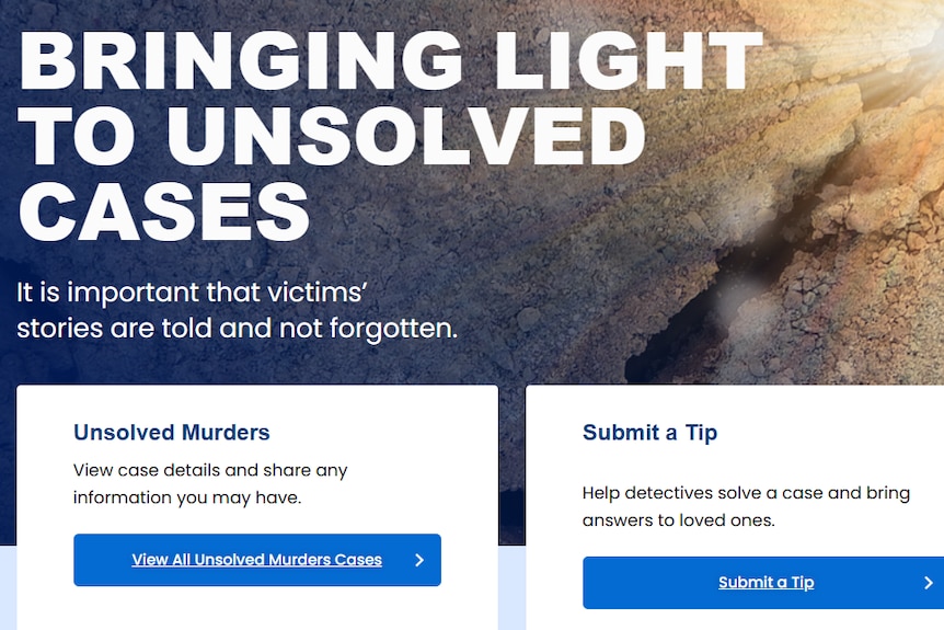 A webpage that reads 'Bringing light to unsolved cases'.
