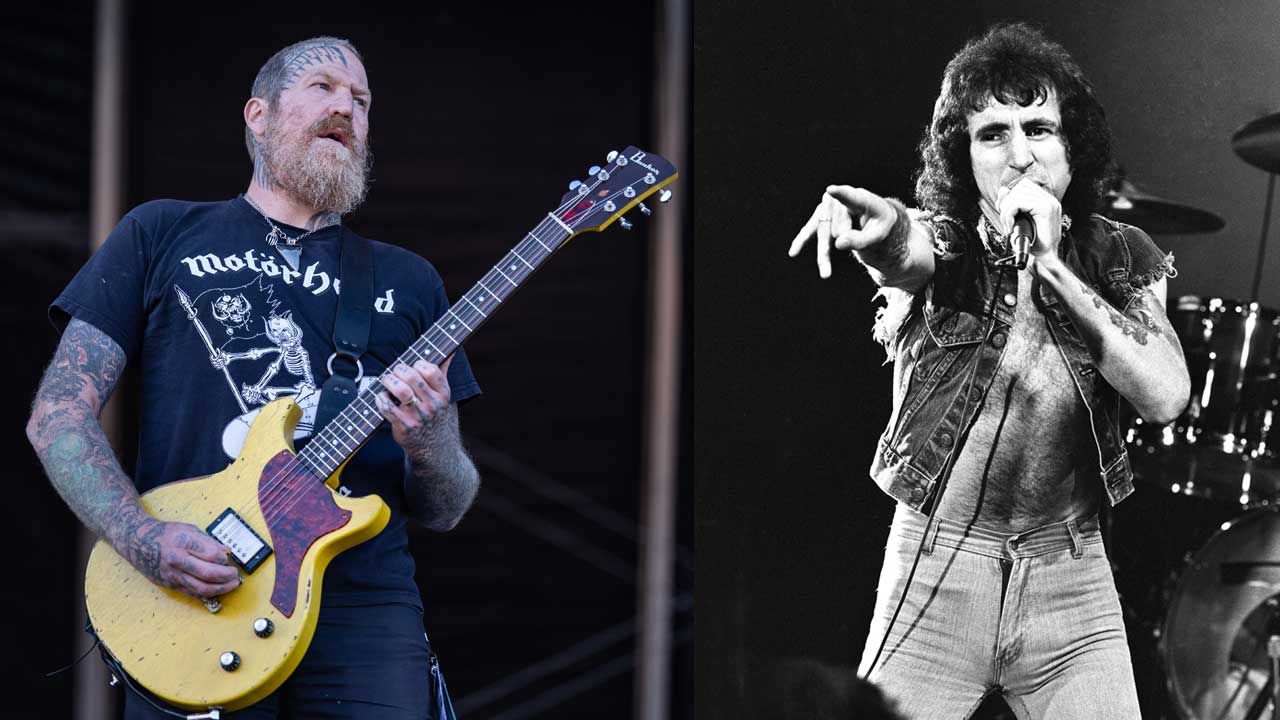 Brent Hinds and Bon Scott onstage (composite image)