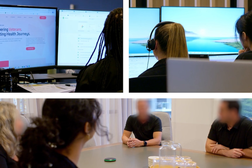A composite of three photos of people in an office. In two people look at computers. In the other people sit around a table.