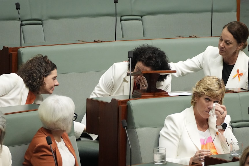 Monique Ryan tears up and is comforted by crossbenchers wearing white and orange in Parliament. 