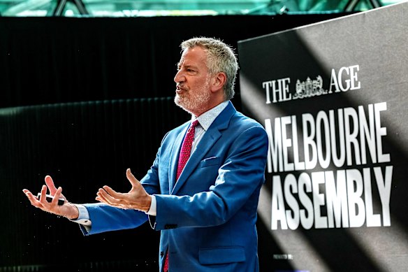 Former New York City mayor Bill de Blasio argued for an end to urban sprawl at Tuesday’s Melbourne Assembly event.