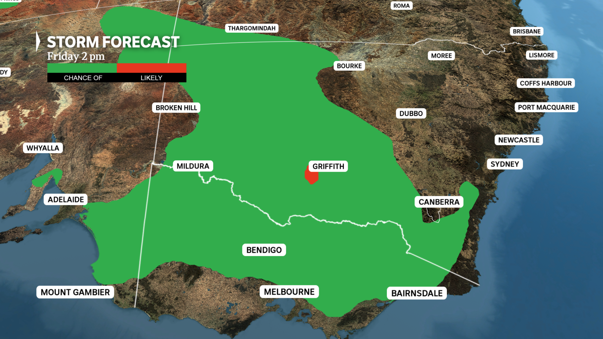 A weather map showing possible thunderstorms for parts of southeast Australia.