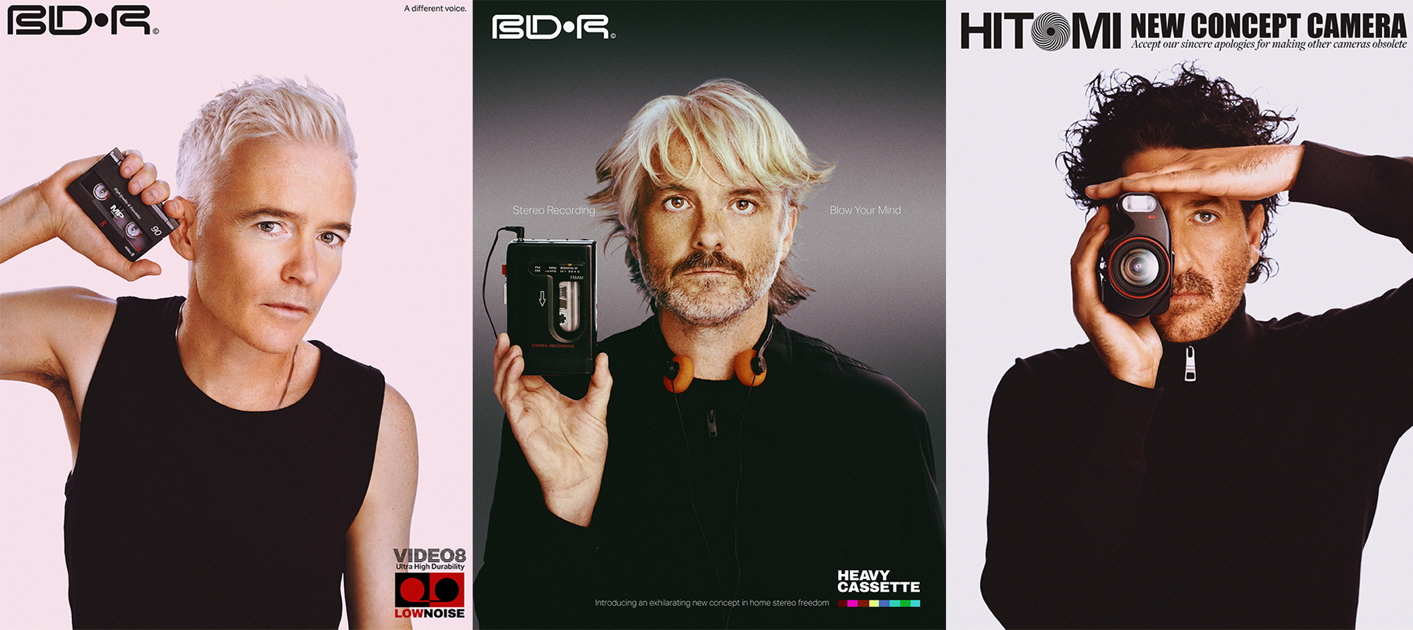 Three glossy print ads featuring three members of The Avalanches modelling fictional technology