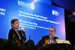 Defence Minister Chan Chun Sing (left) and RSIS executive deputy chairman Ong Keng Yong at Tuesday’s question-and-answer session.