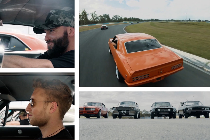 a mosaic of two young men driving vintage cars