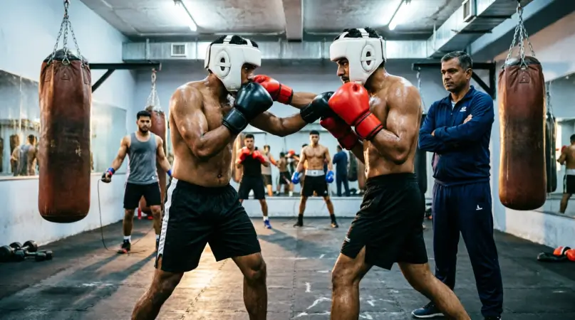 Indian boxers train with a coach at a boxing academy as a new programme supports athlete development.