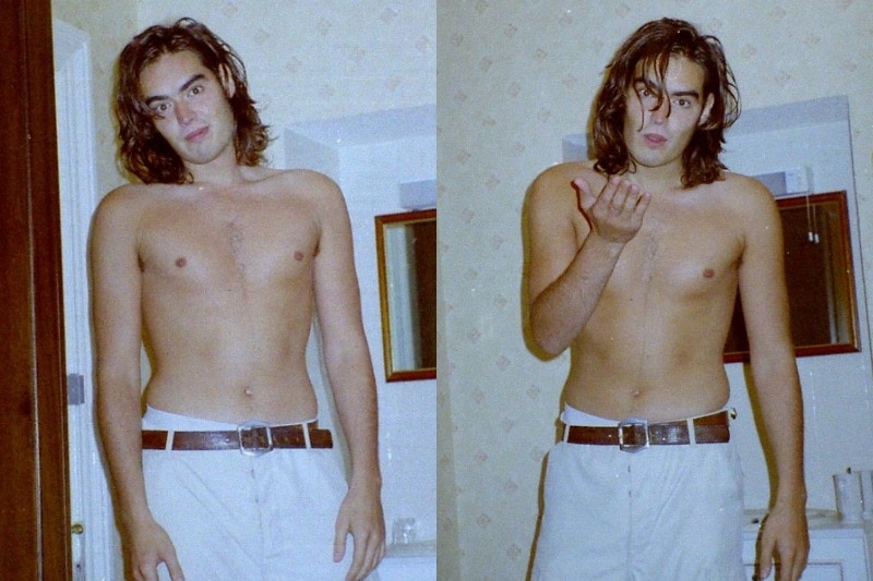 Two photos of a young man shirtless, standing and looking at the camera. In one photo he is blowing a kiss at the camera.
